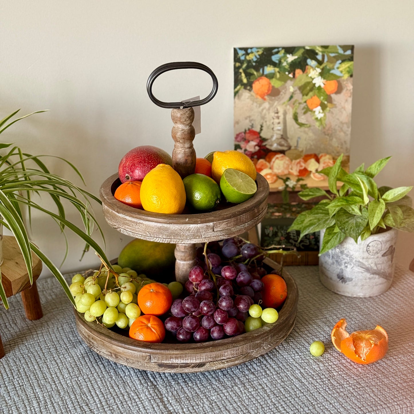 Rustic Wood Two-Tiered Stand with Handle