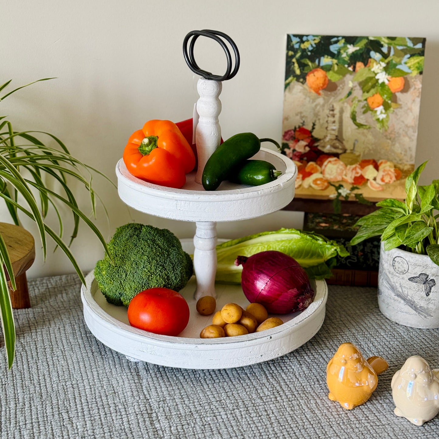 Rustic Wood Two-Tiered Stand with Handle