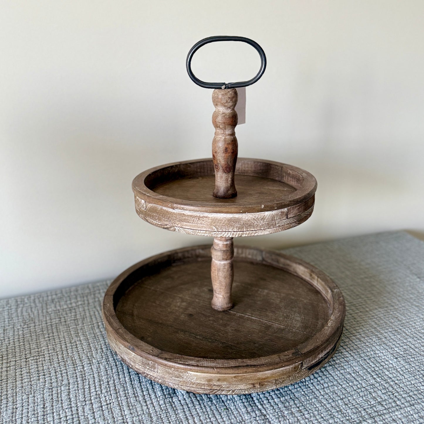 Rustic Wood Two-Tiered Stand with Handle